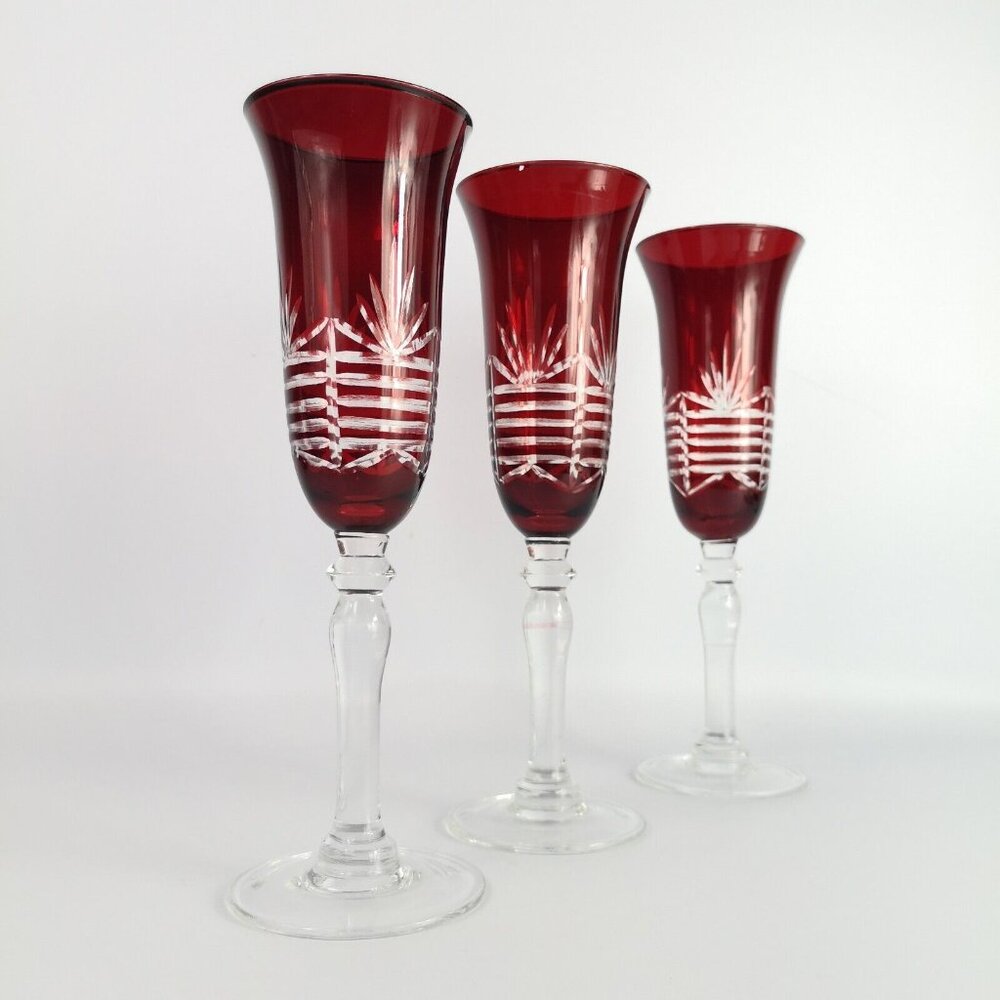 Vintage Ruby Cut To Clear Champagne Flutes Wedding Celebration X3